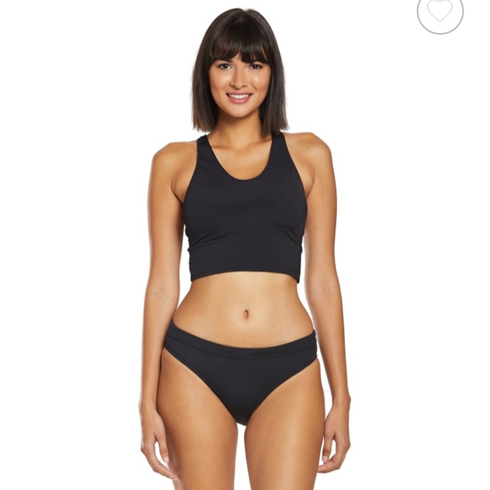 Black Ribbed Midkini top and bikini bottom set